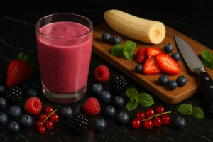 Glass of vibrant mixed berry smoothie with banana, strawberries, blueberries, and mint on a black marble counter